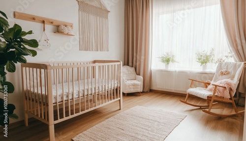 Bright baby room interior featuring a cozy and comfortable crib, designed with soft lighting and calming decor. Ideal for creating a peaceful nursery environment in a modern home, blending comfort and