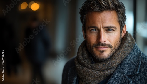 A man with a tailored coat and scarf, looking confidently towards the camera with a classy vibe