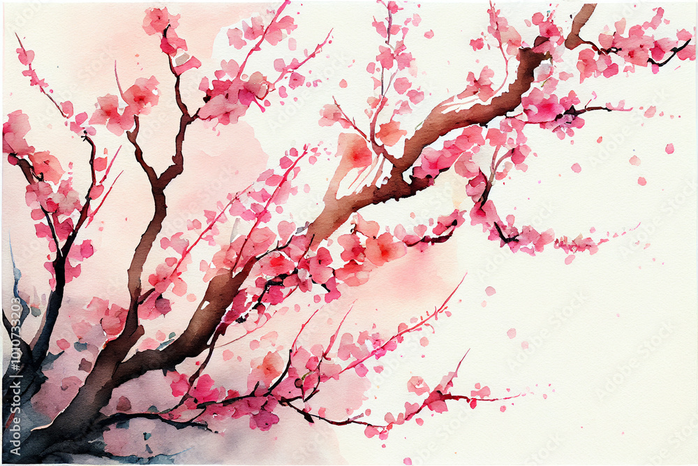 Fototapeta premium Beautiful watercolor painting featuring blooming sakura branches against a soft background. Perfect for spring, nature, and floral themes. Watercolor painting of blooming sakura branches in spring
