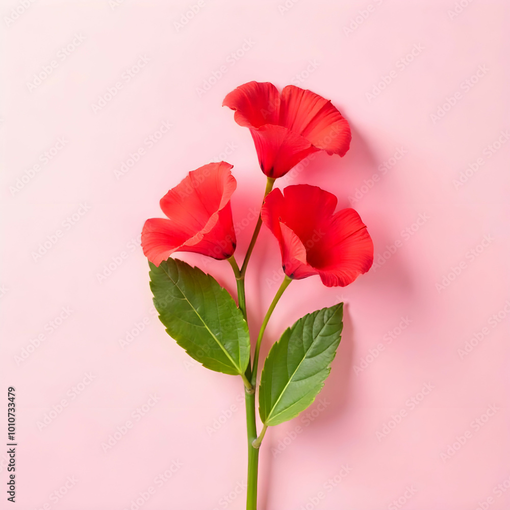 Obraz premium Top view red natural bellflowers with green leaf on pastel colored pink background