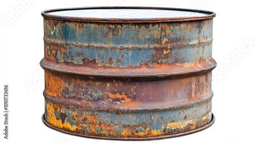 A rusty metal barrel with a slightly dented top sits isolated on a white background.