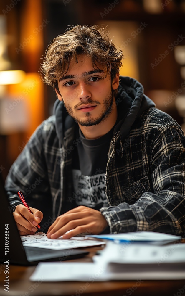 A student sitting at a desk, setting up their laptop, organizing study materials, and creating a calendar for upcoming assignments and exams A student sitting at a desk, setting up their laptop, organizing study materials, and creating a calendar for upcoming assignments and exams