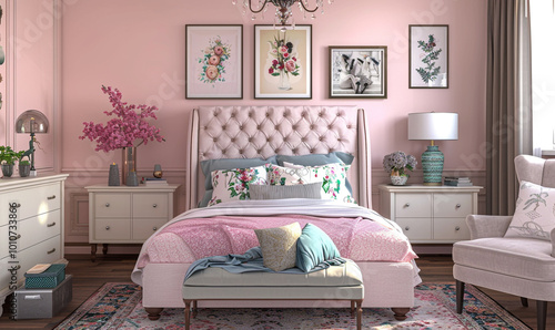 A Victorian pastel pink chic bedroom with trendy decor, perfect for a 2023 magazine cover.