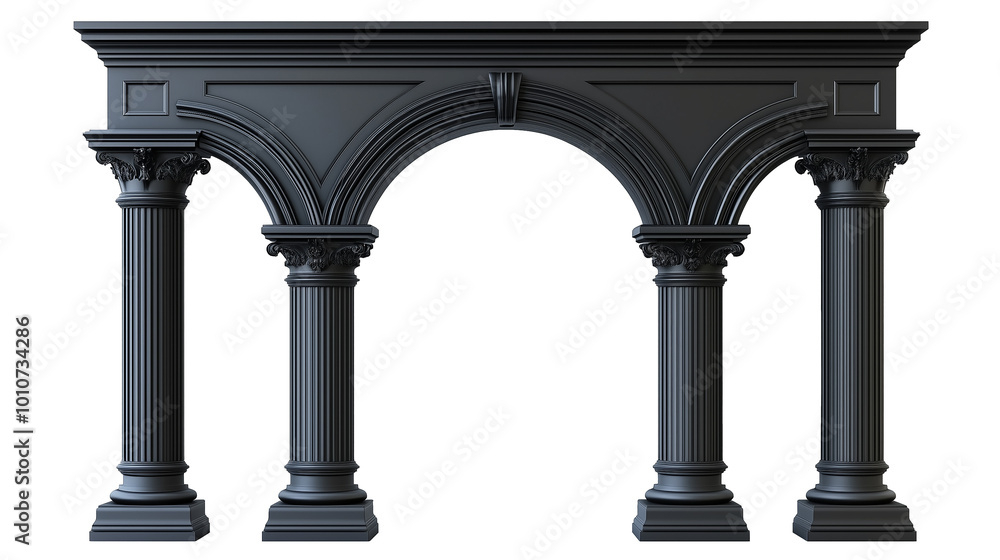 Naklejka premium Black classic colonnade with arch and corinthian column isolated on transparent or white background