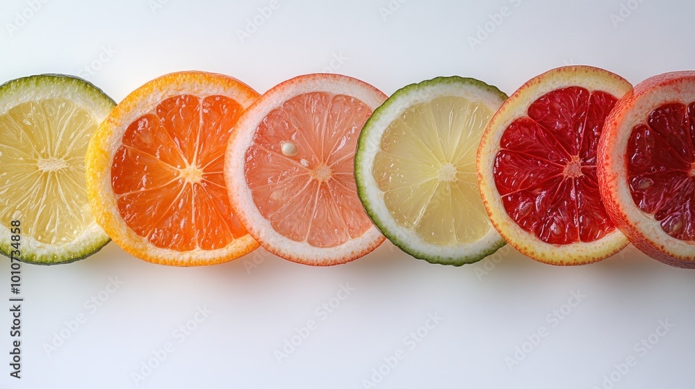 Sliced citrus fruits arranged in a colorful line on a white background. Sliced citrus fruits arranged in a colorful line on a white background.
