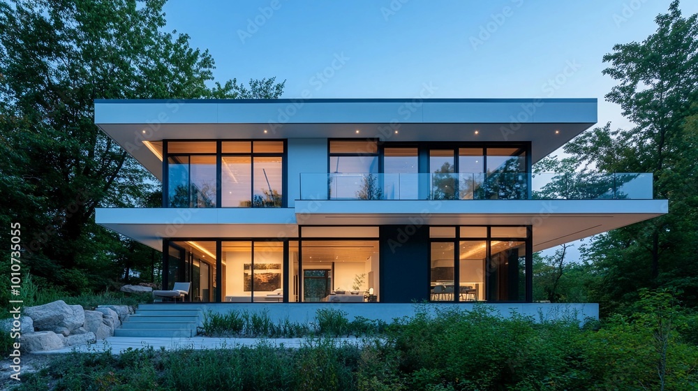 Modern single-family home, sleek architecture, large floor-to-ceiling windows, flat roof, minimalist exterior design, natural materials, surrounded by greenery Modern single-family home, sleek architecture, large floor-to-ceiling windows, flat roof, minimalist exterior design, natural materials, surrounded by greenery