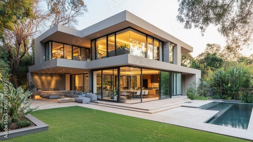 Modern family home with a minimalist aesthetic, flat roof, geometric shapes, large glass windows, neutral tones, lush garden, seamless indoor-outdoor flow