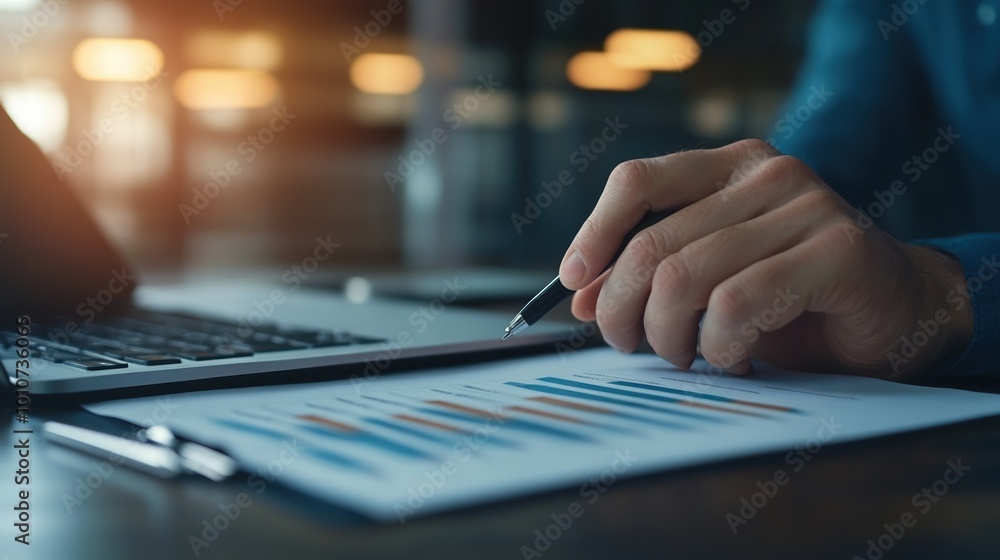 Person analyzing data with laptop and pen, colorful charts on document. Person analyzing data with laptop and pen, colorful charts on document.