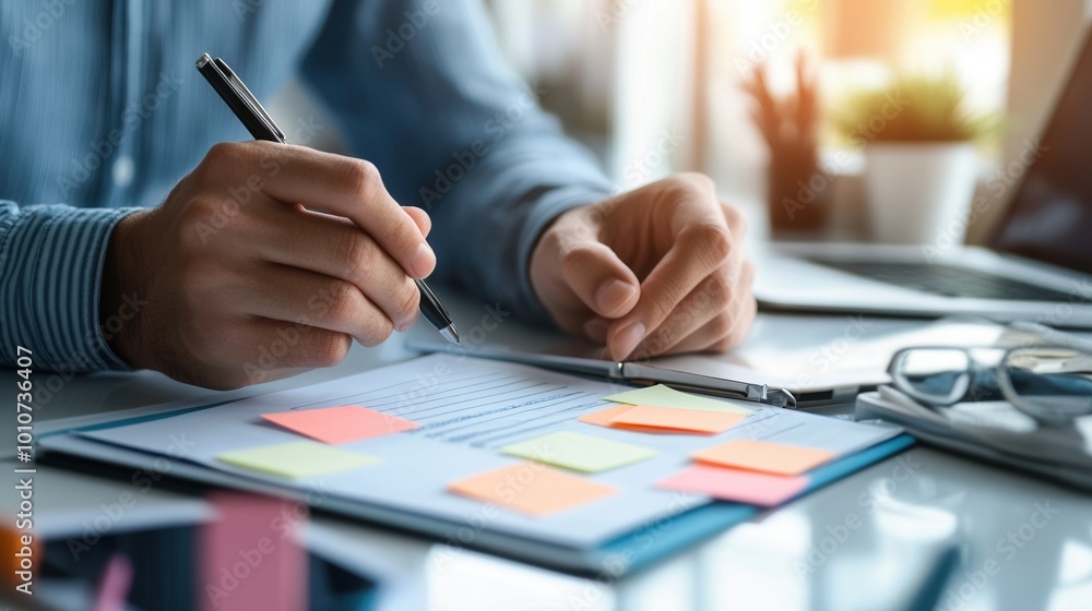 Person writing notes on a notepad at a desk with colorful sticky notes. Person writing notes on a notepad at a desk with colorful sticky notes.