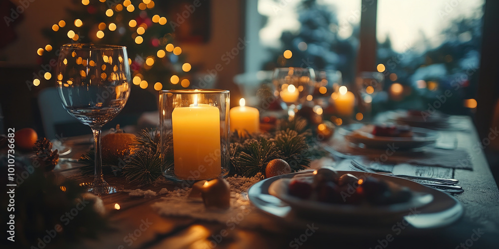 Festive christmas table setting is illuminated by the warm glow of burning candles, with a sparkling christmas tree in the background. Banner Festive christmas table setting is illuminated by the warm glow of burning candles, with a sparkling christmas tree in the background. Banner