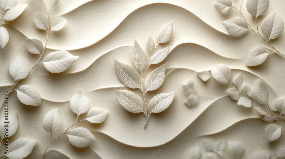 Elegant white paper relief of leaves and waves for artistic decor. Elegant white paper relief of leaves and waves for artistic decor.