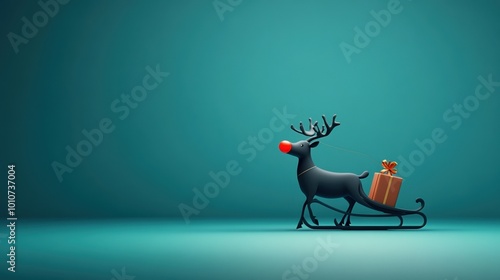 Reindeer with a red nose pulling a sleigh with a gift, white isolate background. photo