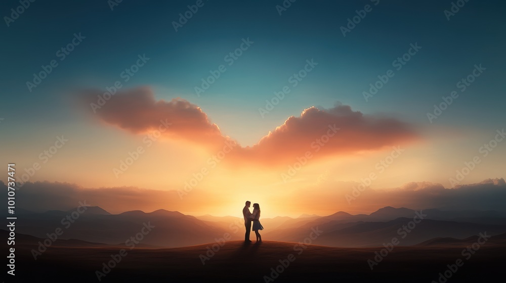 Silhouette couple embracing at sunset with colorful sky and mountains in the background. Silhouette couple embracing at sunset with colorful sky and mountains in the background.