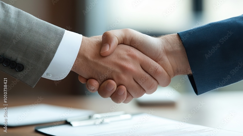 Two hands engaged in a handshake in a professional setting. Two hands engaged in a handshake in a professional setting.