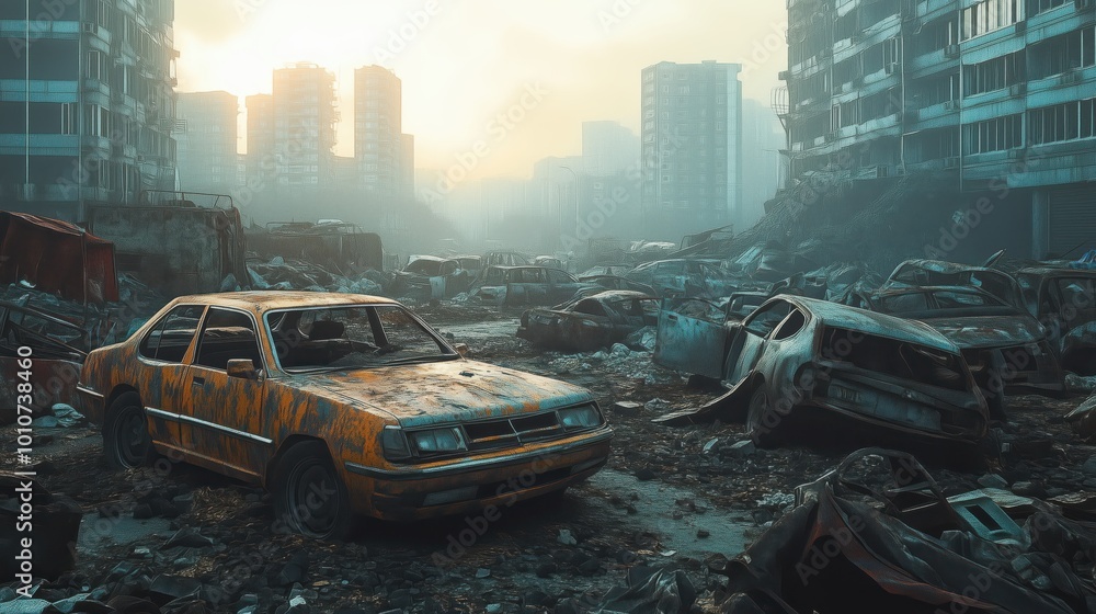Obraz premium Abandoned Cars in Post-Apocalyptic Urban Landscape. Rusted, abandoned cars in a desolate cityscape depicting a post-apocalyptic urban decay scene under dim sunlight and ruined infrastructure.