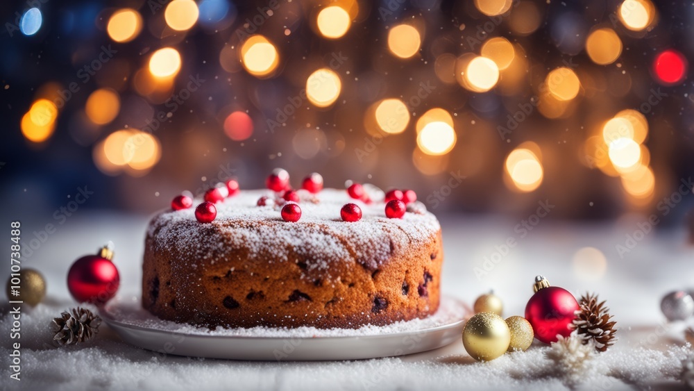 Christmas cake with chocolate pieces, bokeh background Christmas cake with chocolate pieces, bokeh background