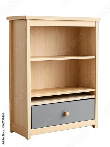 modern light brown and grey kids wooden bookshelf four tier with drawer in bottom on white background 