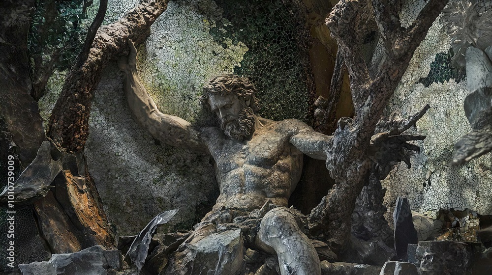 Ancient Stone Sculpture of a Bearded Man in a Forest Setting Ancient Stone Sculpture of a Bearded Man in a Forest Setting