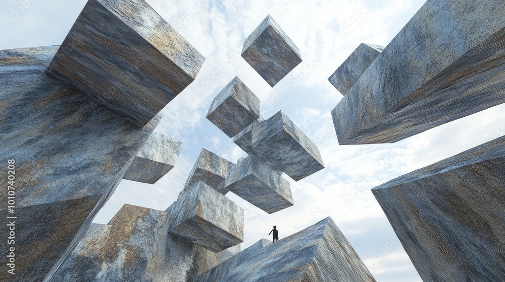 A floating stone maze defies gravity, its pathways spiraling and bending in impossible directions, suspended high in the air. A floating stone maze defies gravity, its pathways spiraling and bending in impossible directions, suspended high in the air.