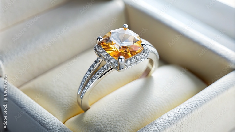 A breathtaking diamond ring highlighted in a luxurious white jewelry box, ideal for a remarkable gift presentation, reflecting elegance and undeniable charm in every detail.