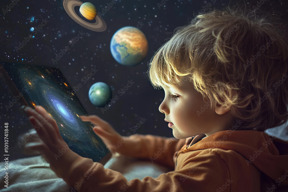 Naklejka premium Little boy studying planets on tablet. technology development