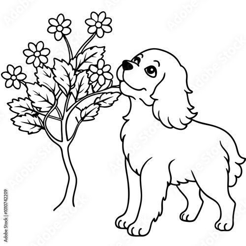 Charming Cavalier King Charles Spaniel and Lush Flowers Beautifully Rendered in Vector Style
