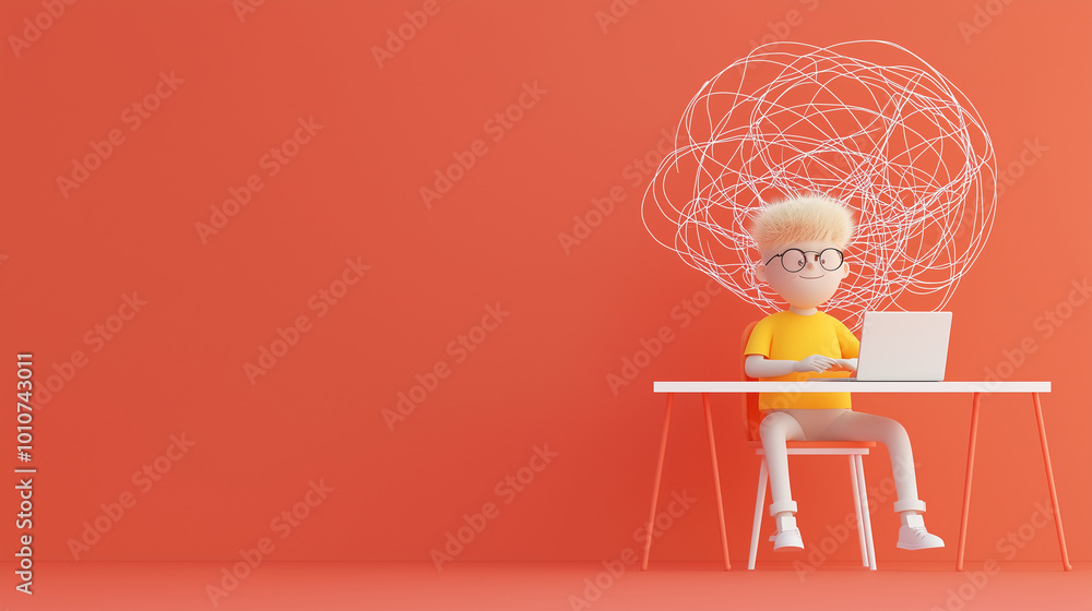 cartoon 3d character sitting at a desk, using a laptop, with swirling lines of knowledge flowing from the screen, representing ideas and creativity in education cartoon 3d character sitting at a desk, using a laptop, with swirling lines of knowledge flowing from the screen, representing ideas and creativity in education