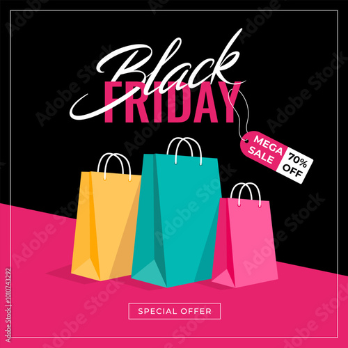 Black Friday Mega Sale. Multicolored gift bags for shopping. Dark background pink text lettering. Square banner, poster. Vector illustration