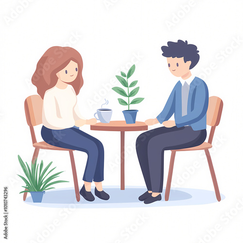 A man and a woman are sitting at a table with a potted plant in front of them. They are holding hands and drinking coffee. Concept of warmth and intimacy between the two people