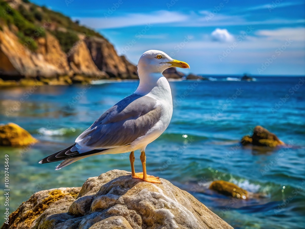 A serene seagull rests on a rock, overlooking the calm sea, gentle waves lapping against the shore, and a beautiful rocky coastline nearby. A serene seagull rests on a rock, overlooking the calm sea, gentle waves lapping against the shore, and a beautiful rocky coastline nearby.