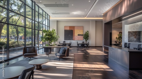 Spacious office blends gray and dark wood  with natural light  modern furniture  and inspiring decor.