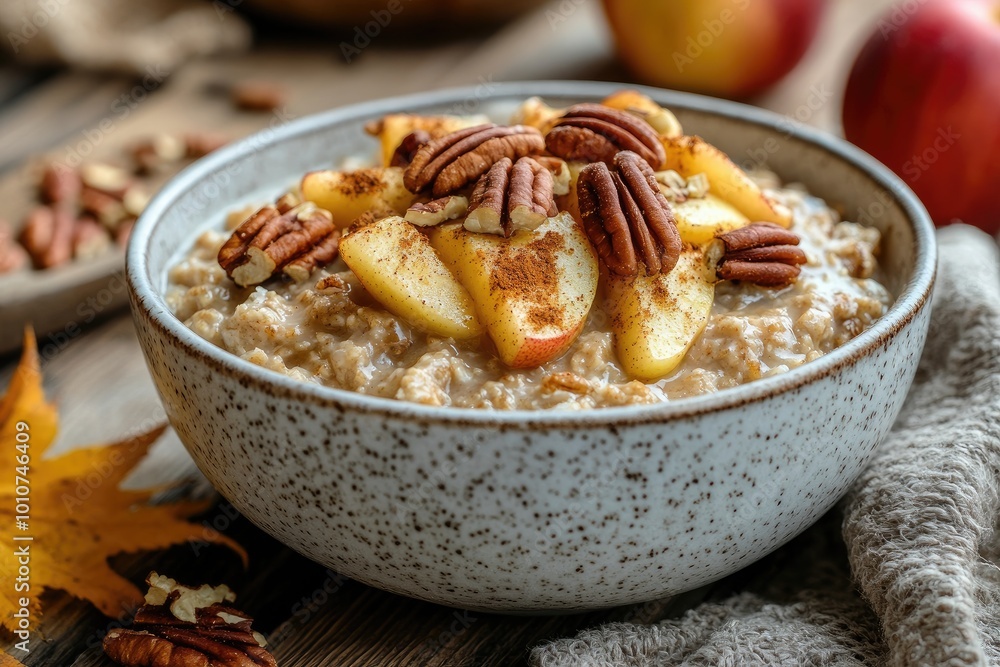 A bowl of oatmeal with apples & pecans. Perfect for showcasing healthy and delicious breakfast ideas. A bowl of oatmeal with apples & pecans. Perfect for showcasing healthy and delicious breakfast ideas.