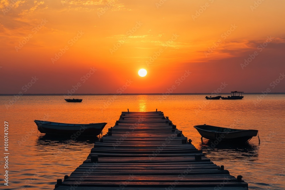 Obraz premium Serene sunset over an empty pier with boats silhouetted
