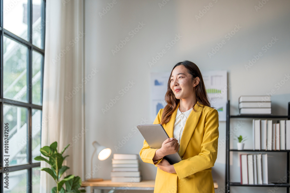 Young asian businesswoman holding laptop and thinking in office Young asian businesswoman holding laptop and thinking in office