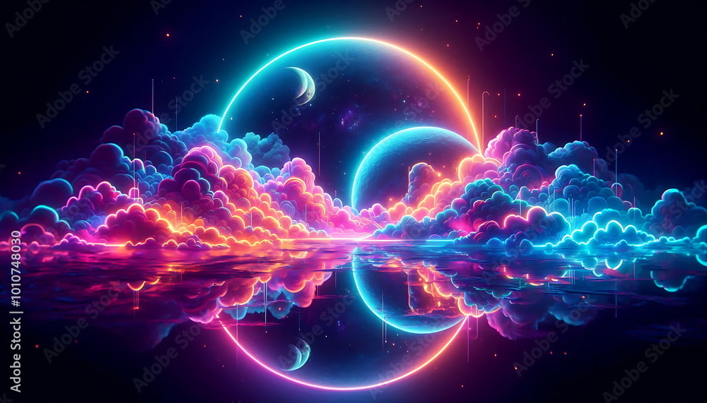 Obraz premium Colorful Neon Landscape Art - Moonlit Sea and Clouds – Perfect for Home Decor, Poster Design, Music Cover Art, and YouTube Thumbnails 