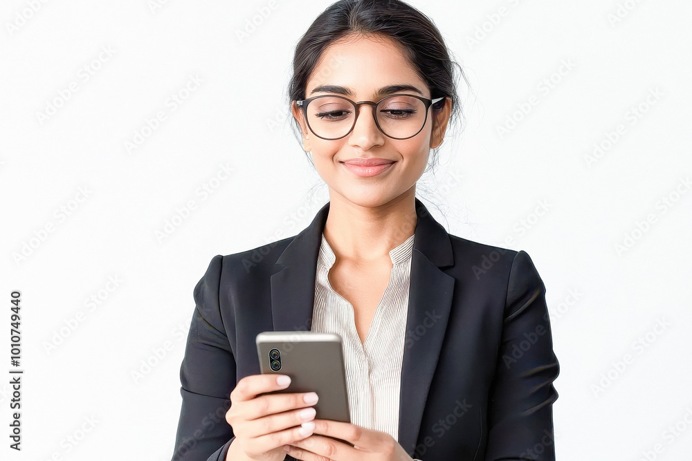 young indian business woman using smartphone on white background young indian business woman using smartphone on white background