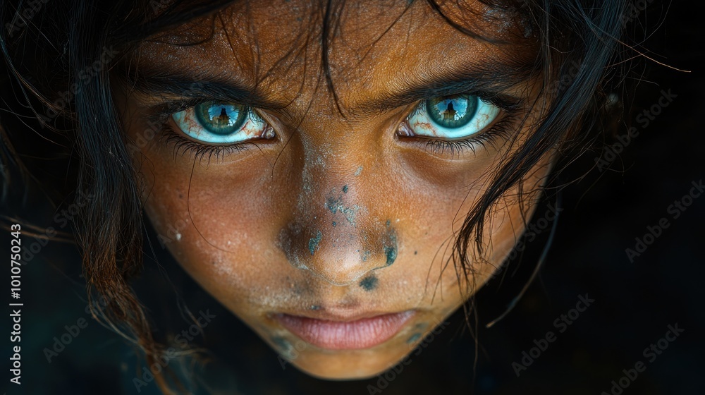 Close-up of a child's intense gaze with striking blue eyes and dirt. Close-up of a child's intense gaze with striking blue eyes and dirt.