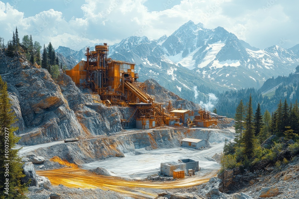 An industrial mine with machines processing minerals against a stark landscape. Generative AI An industrial mine with machines processing minerals against a stark landscape. Generative AI
