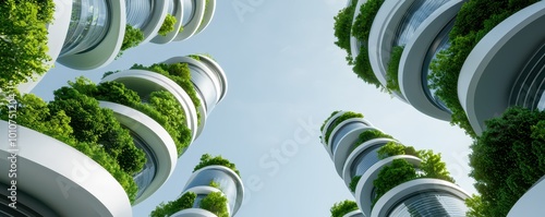 A futuristic view of tall, eco-friendly buildings covered in greenery, rising towards a clear sky, highlighting urban sustainability and architectural innovation. photo