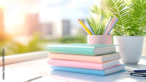A serene workspace featuring stacked colorful notebooks, a plant, and stationery, illuminated by soft sunlight from a scenic outdoor setting.