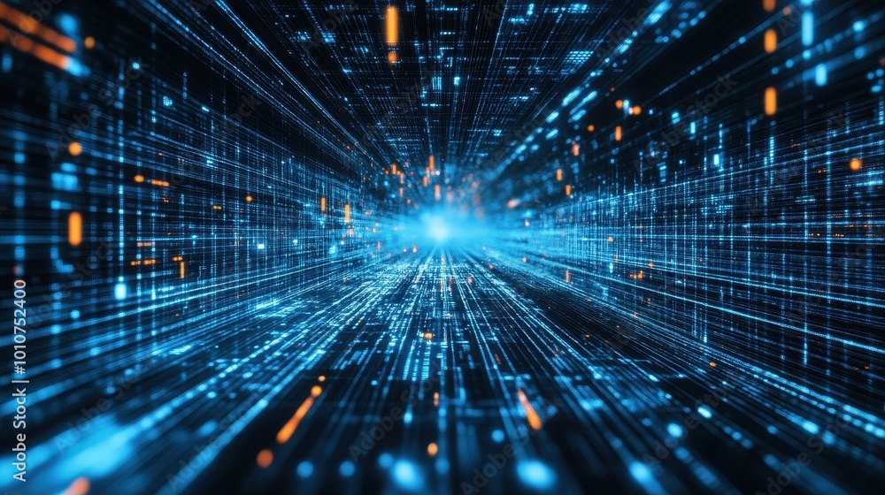 Fototapeta premium Futuristic Digital Landscape with Glowing Lights and Data Streams