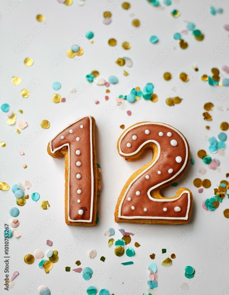 Decorated cookie, number 12, image for birthday or anniversary celebration Decorated cookie, number 12, image for birthday or anniversary celebration
