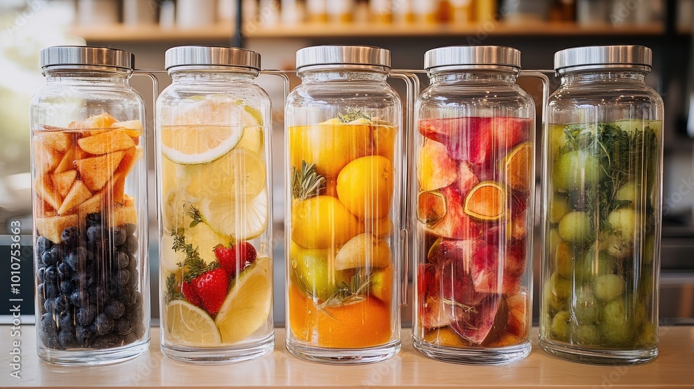 Five jars of infused water with various fruits. Jars are perfect for showcasing healthy drinks. Five jars of infused water with various fruits. Jars are perfect for showcasing healthy drinks.