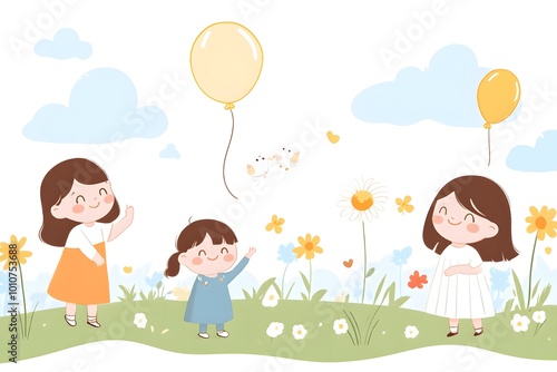 Three joyful children are playing in a colorful flower field, holding balloons under a sunny sky, showcasing happiness and innocence.