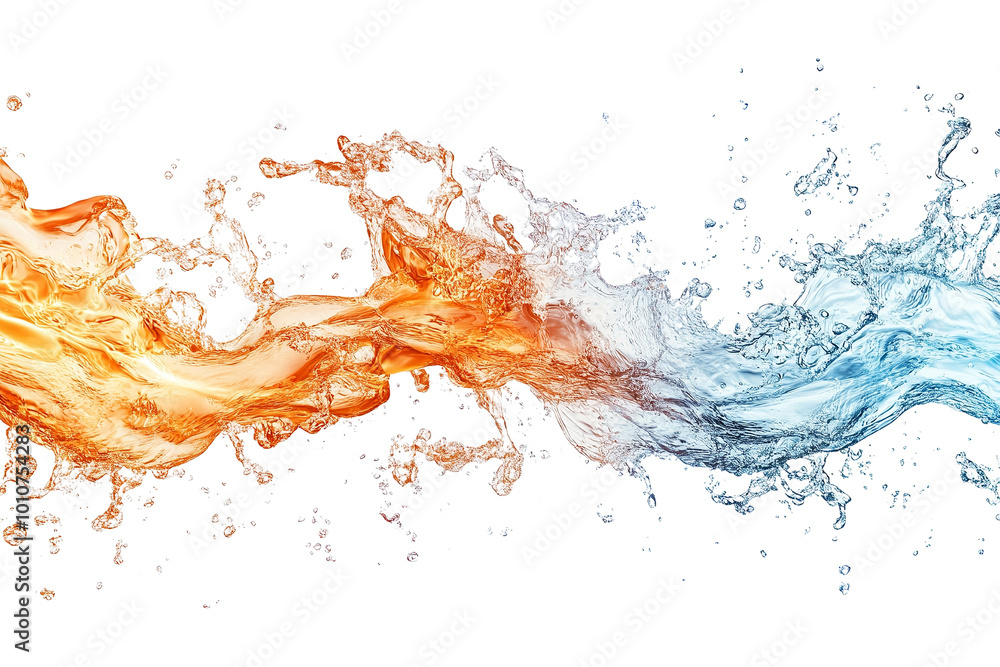 Dynamic orange and blue water flames splashing together against a black background, creating a vibrant visual contrast. Dynamic orange and blue water flames splashing together against a black background, creating a vibrant visual contrast.