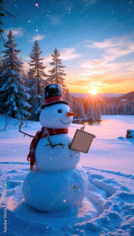 Obraz premium A snowman is holding a sign in his hand. The sign is blank, but the snowman is smiling. The image has a cheerful and playful mood, as the snowman is dressed up and holding a sign