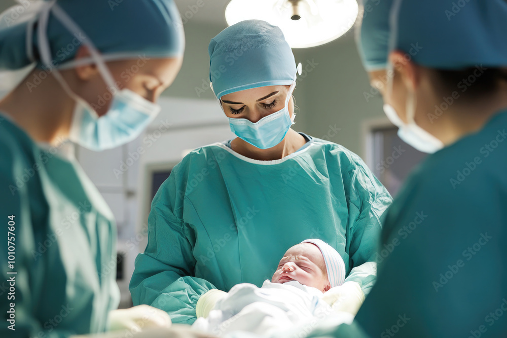 Team of surgeons and nurses are working together, performing a surgical procedure on a newborn baby in a modern operating room Team of surgeons and nurses are working together, performing a surgical procedure on a newborn baby in a modern operating room