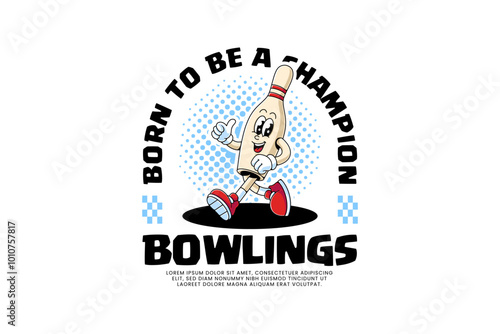 funny bowling pin retro cartoon character mascot illustration with walking pose and thumbs up hand for bowling sport mascot and merchandise