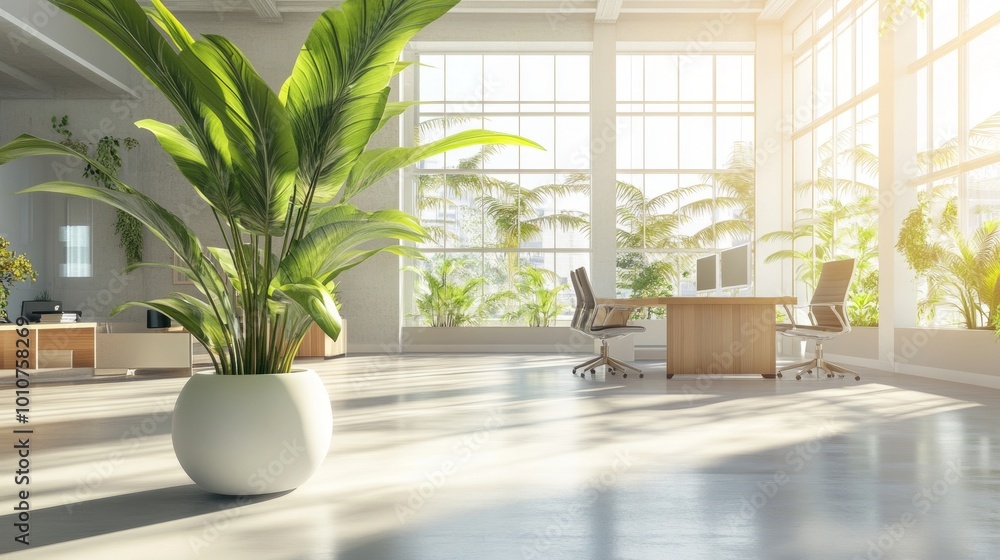 Bright and airy office space with natural light, clean design, and a large potted plant adding greenery. 3D Rendering. Bright and airy office space with natural light, clean design, and a large potted plant adding greenery. 3D Rendering.