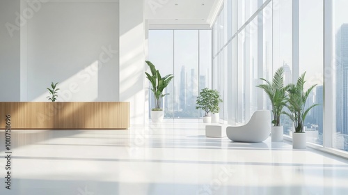 Bright office space with clean white walls  wooden accents  and large glass windows overlooking a cityscape. 3D Rendering.  